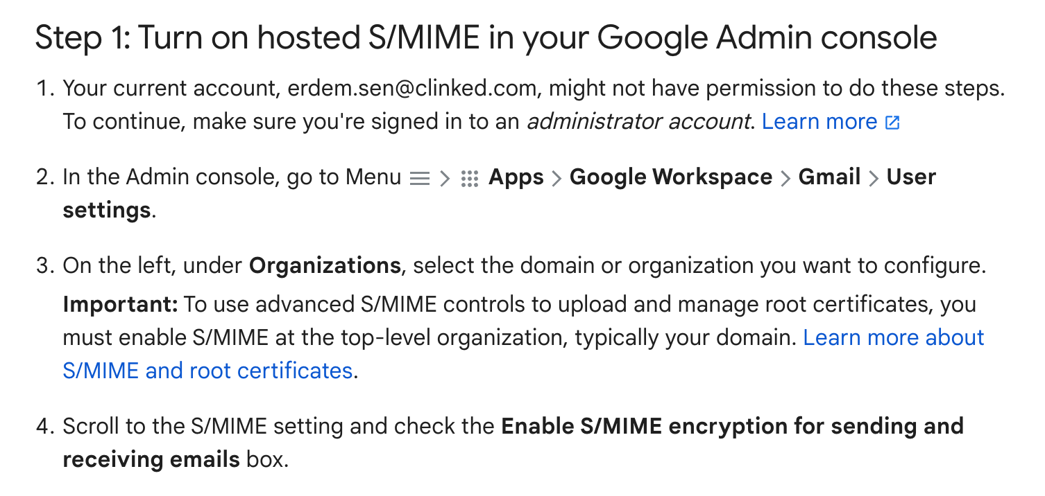 Turn on hosted S MIME in your Google Admin console