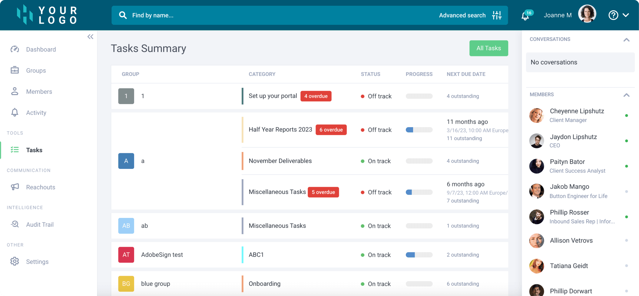 Clinked's project management tool with built-in client portal